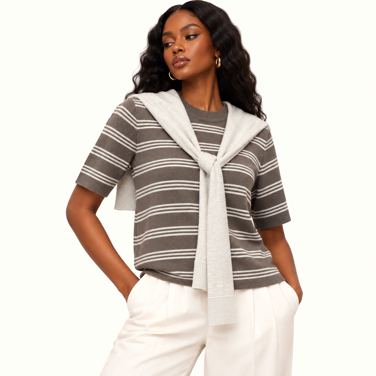 Striped Knit Top with Brown Draped Collar
