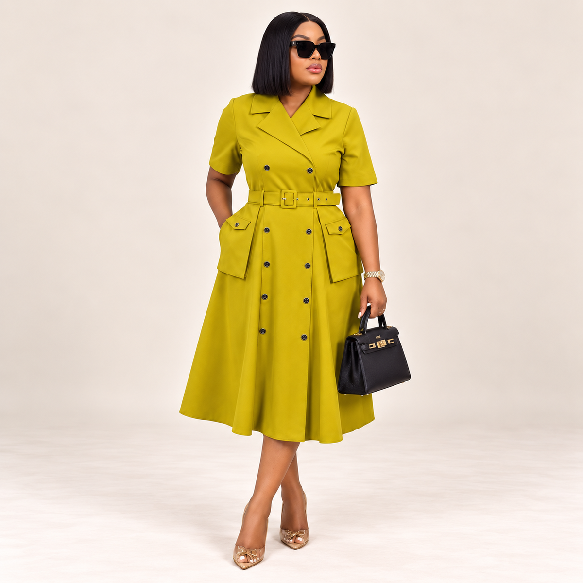 Belted Double-Breasted Utility Midi Dress