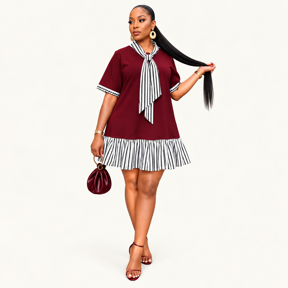 Elegant Contrast Trim Tie-Neck Mini Dress