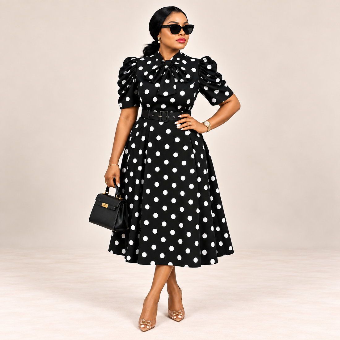 Polka Dot Bow-Detail Belted Midi Dress
