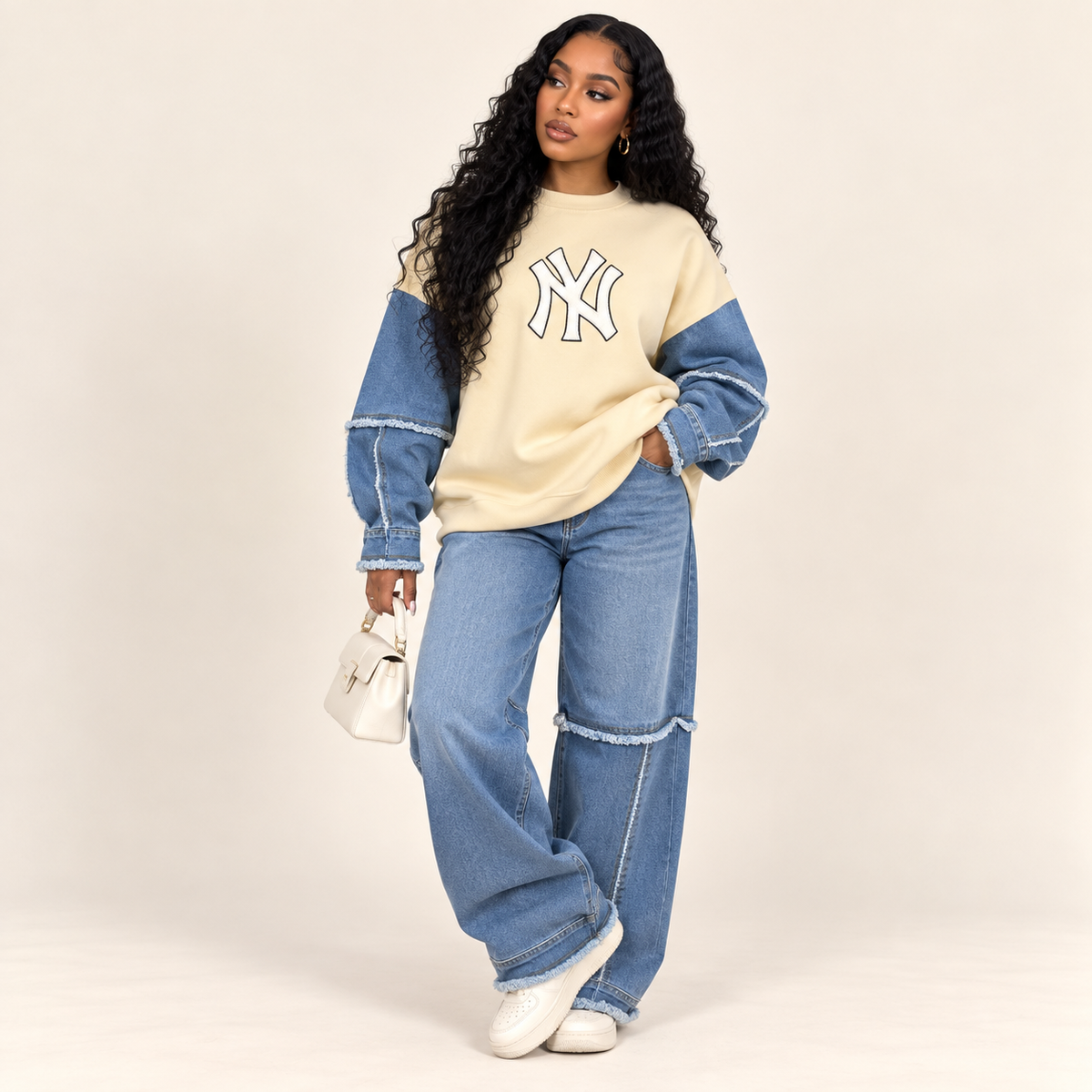 Denim-Sleeve NY Graphic Sweatshirt
