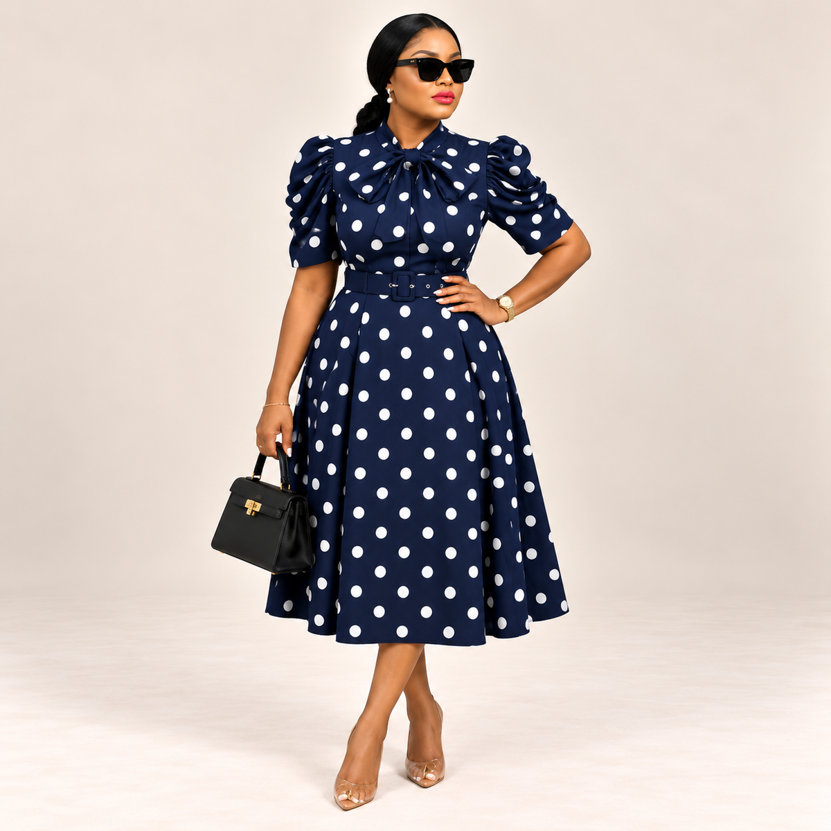 Polka Dot Bow-Detail Belted Midi Dress