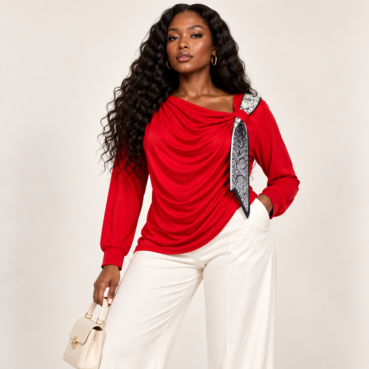 Draped Cowl-Neck Long Sleeve Top