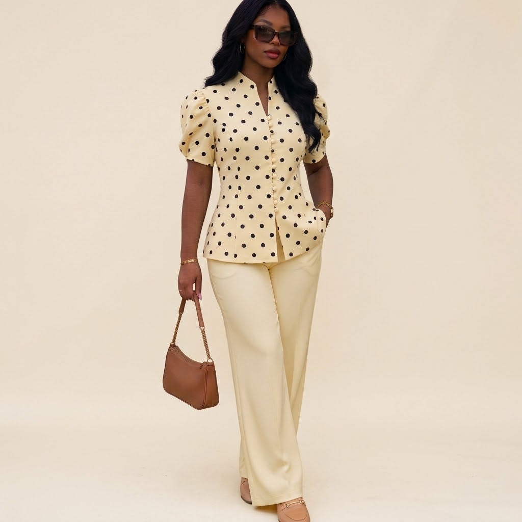Polka Dot Puff-Sleeve 2-Piece Co-Ord Set