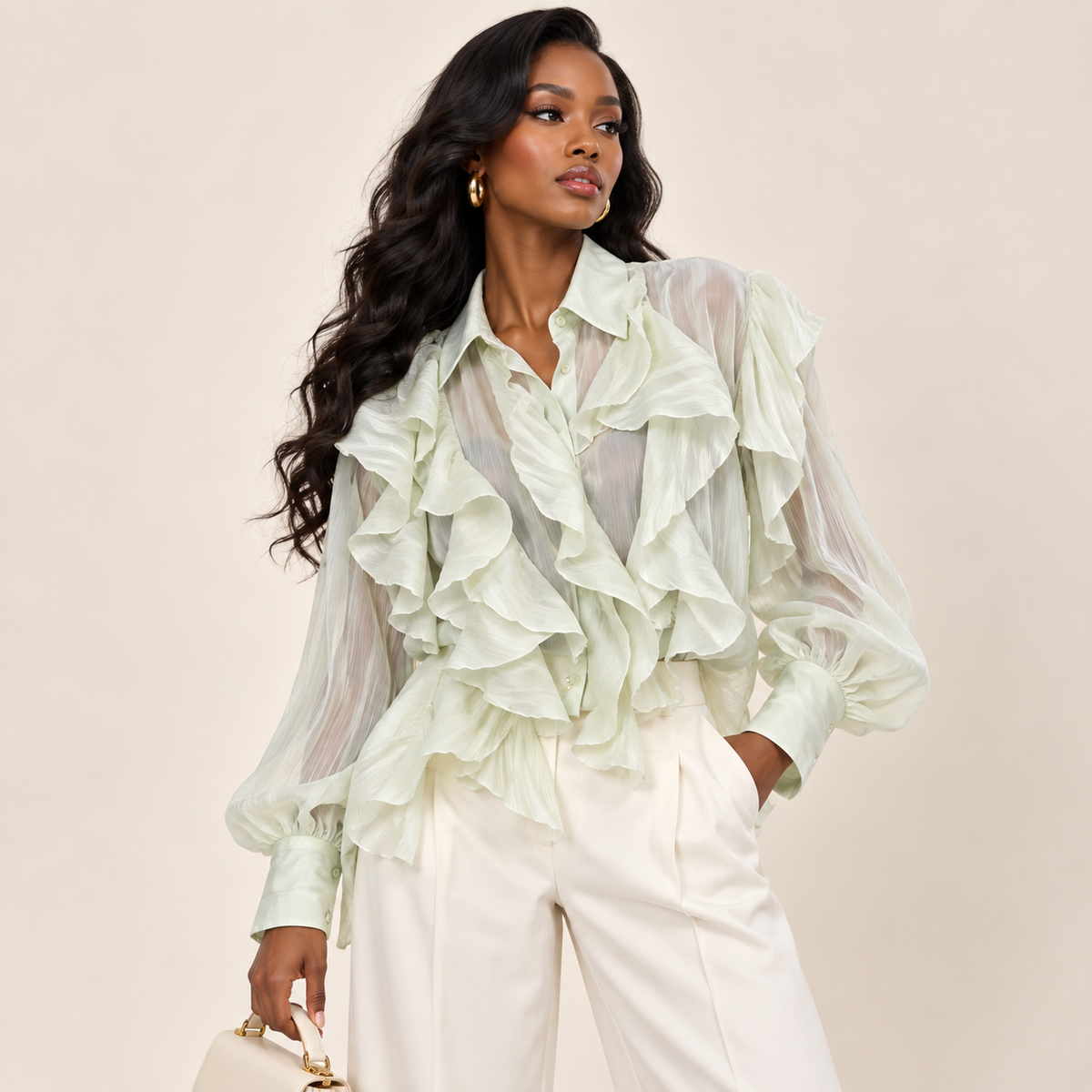Pleated Ruffle-Front Textured Blouse