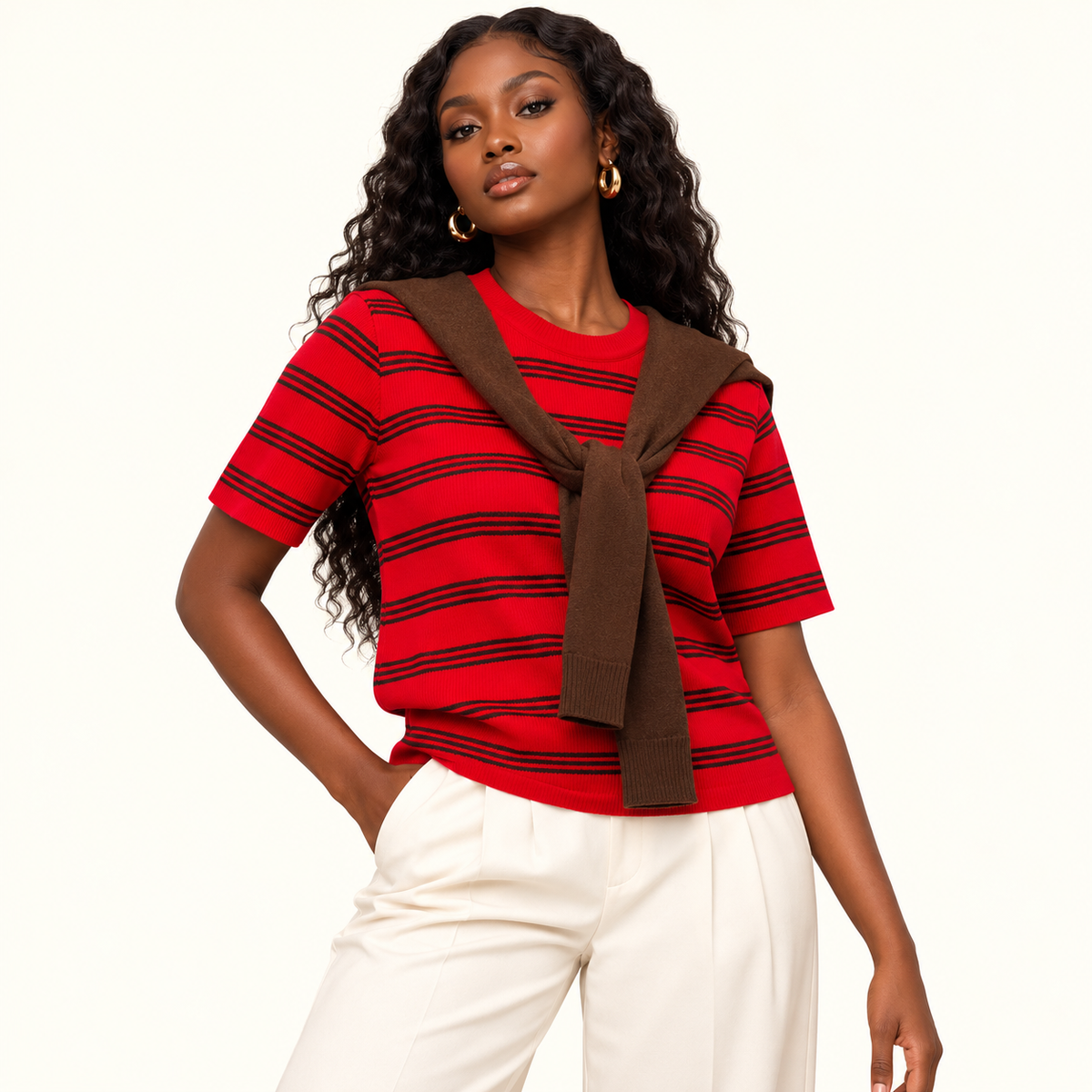 Striped Knit Top with Brown Draped Collar