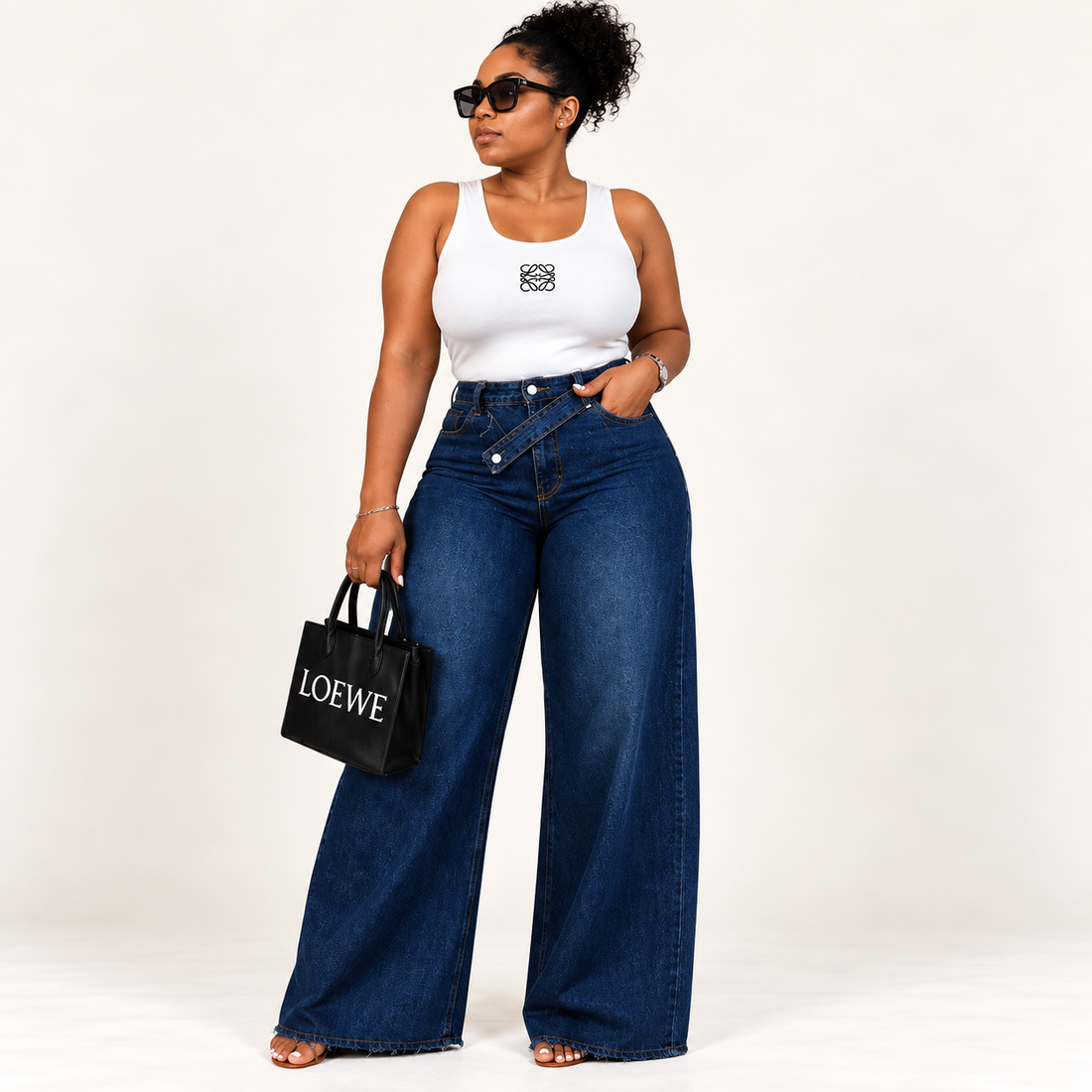 Cross-Waist Wide-Leg Denim Jeans