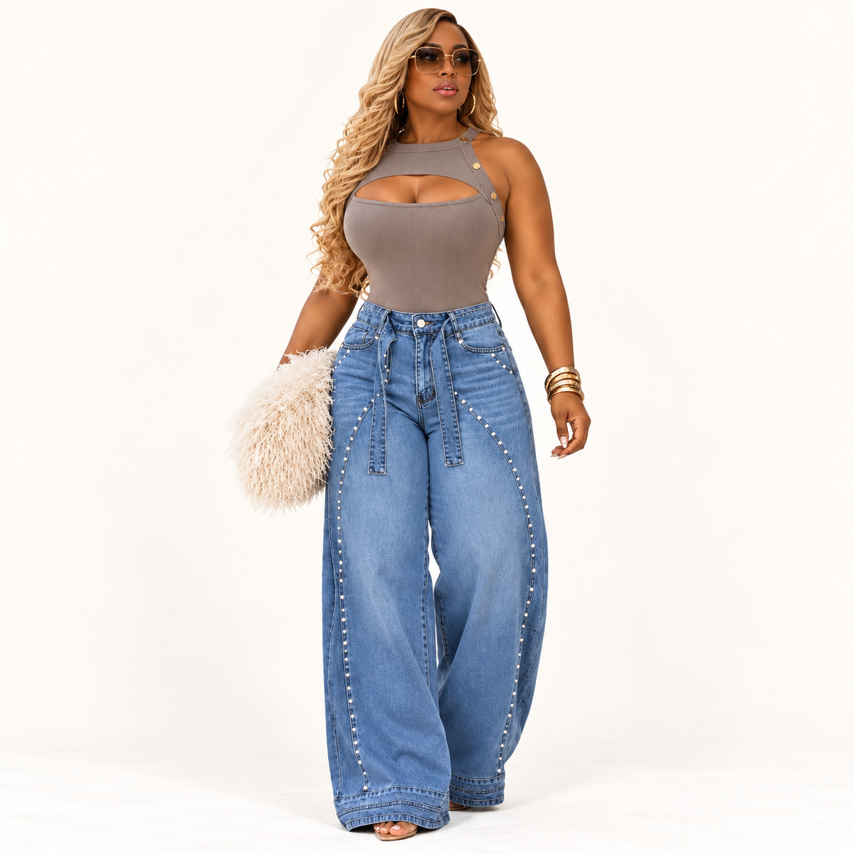 High-Rise Wide-Leg Jeans with Rhinestone Trim