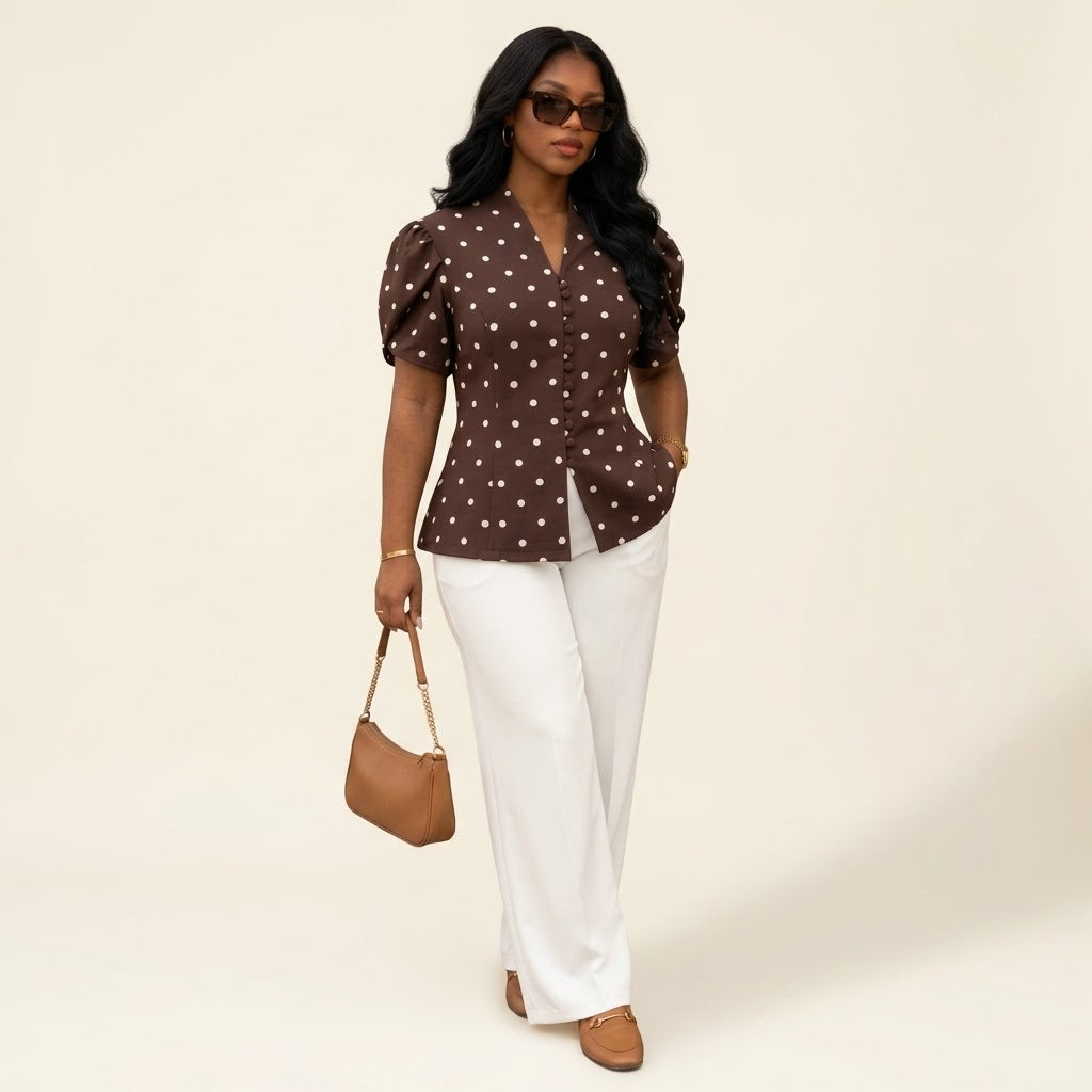 Polka Dot Puff-Sleeve 2-Piece Co-Ord Set