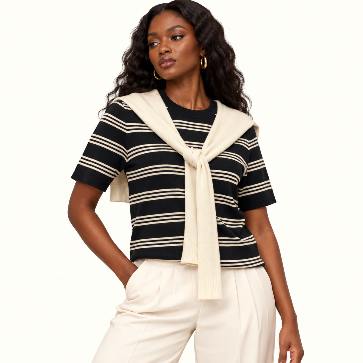 Striped Knit Top with Brown Draped Collar