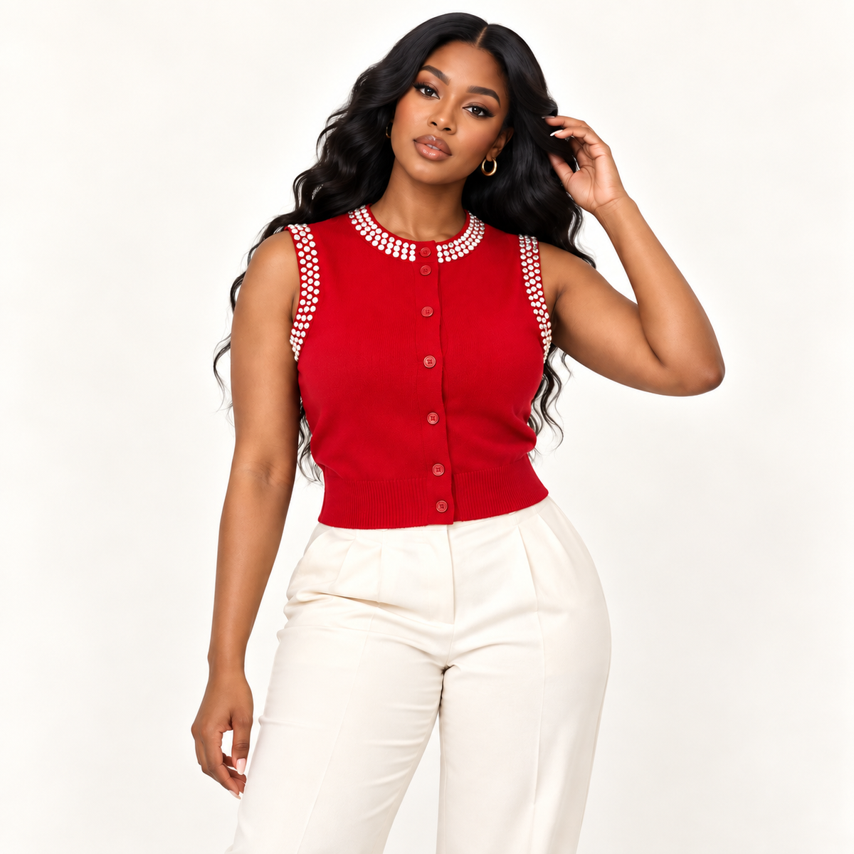 Embellished Button-Front Knit Vest