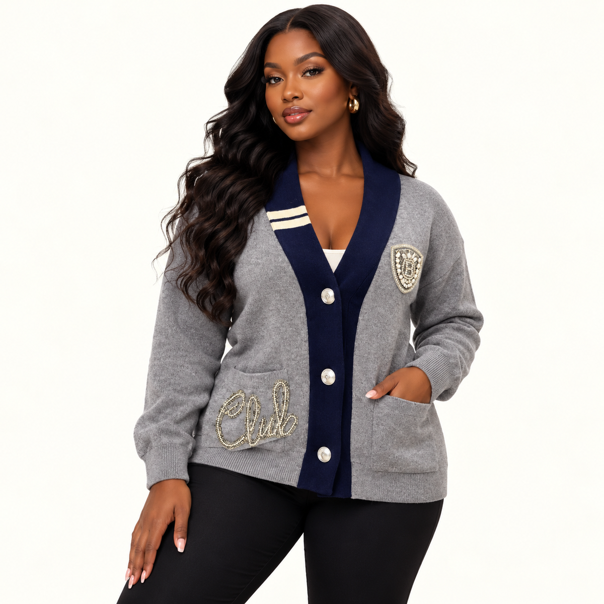 Grey & Navy Contrast Trim Embroidered Club Cardigan