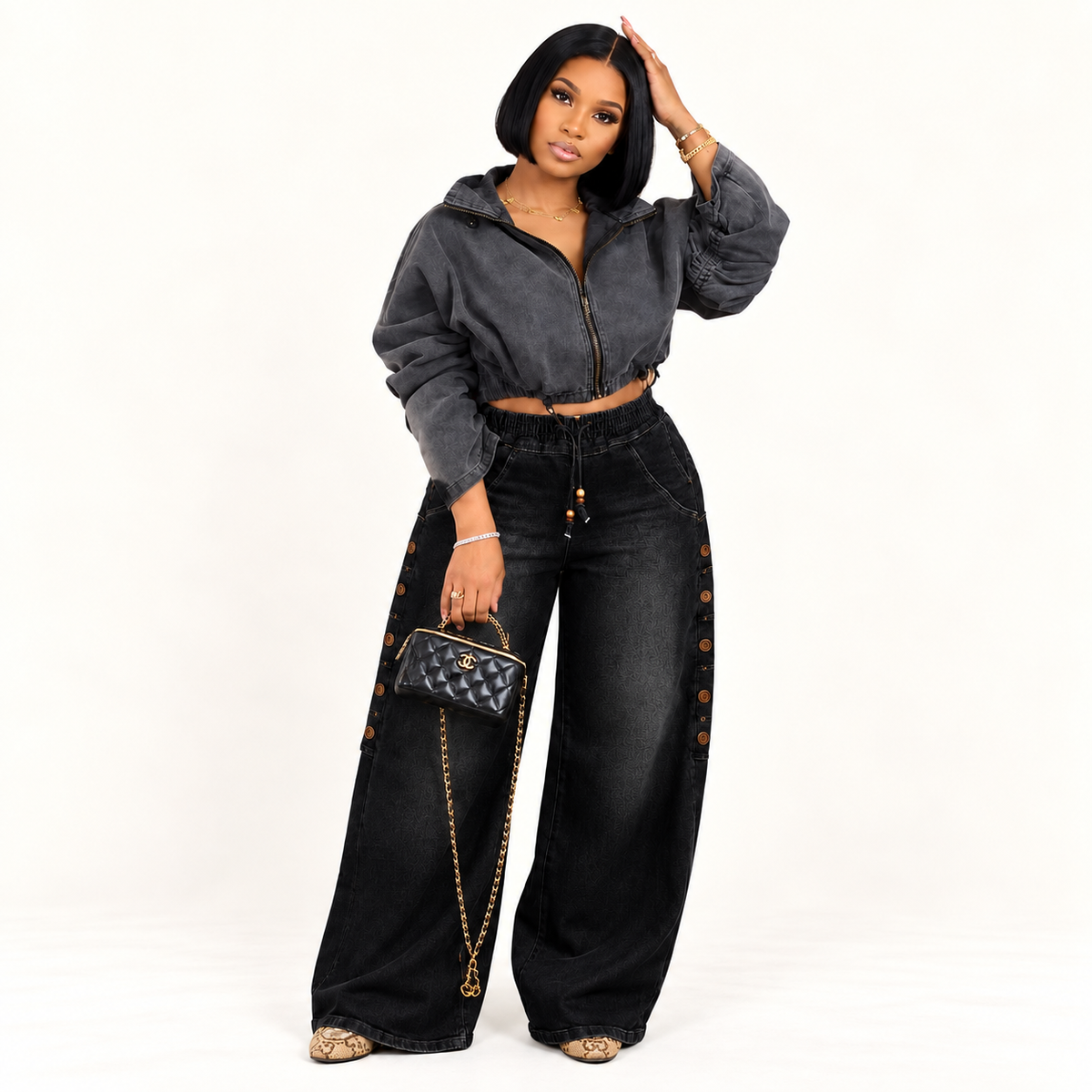 High-Waisted Wide-Leg Jeans with Button-Side Detail