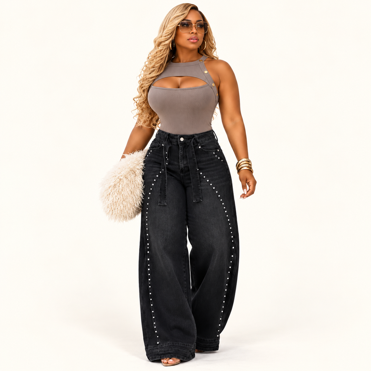 High-Rise Wide-Leg Jeans with Rhinestone Trim