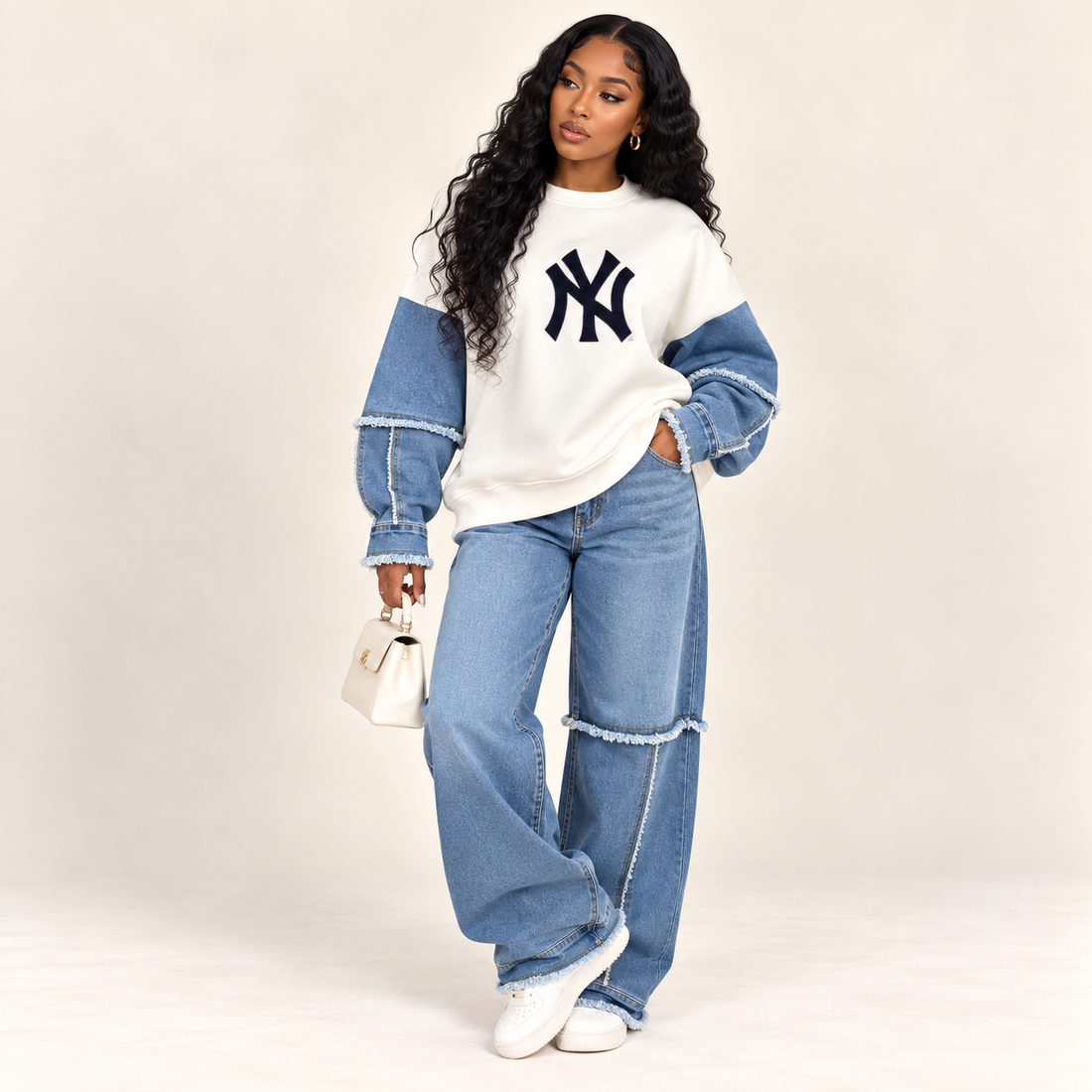 Denim-Sleeve NY Graphic Sweatshirt