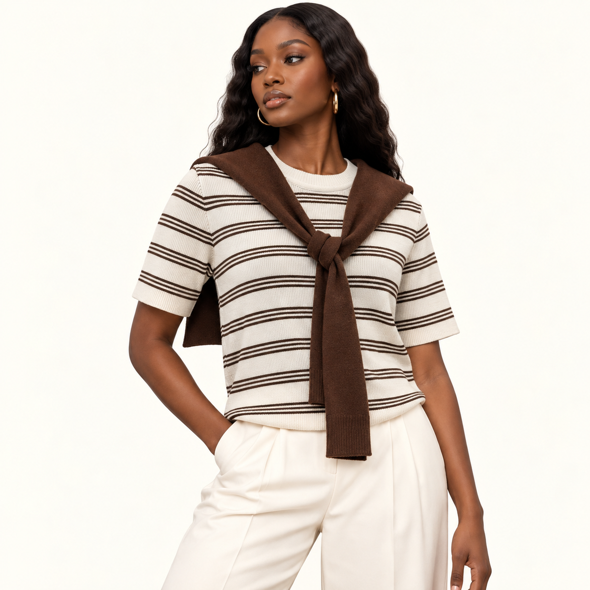 Striped Knit Top with Brown Draped Collar