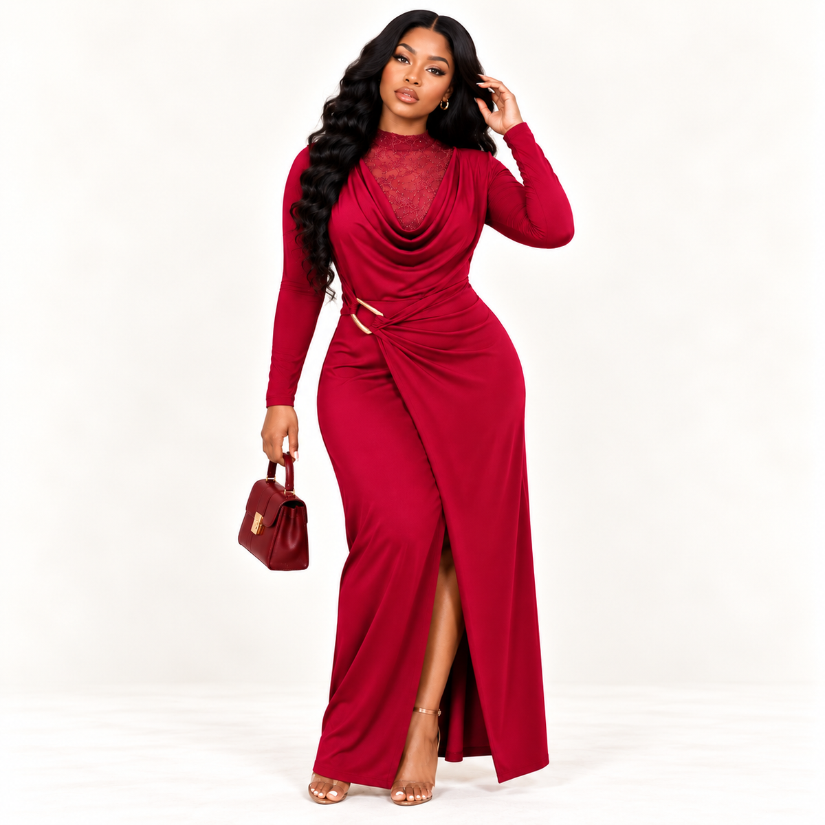 Cowl-Neck Long-Sleeve Maxi Dress