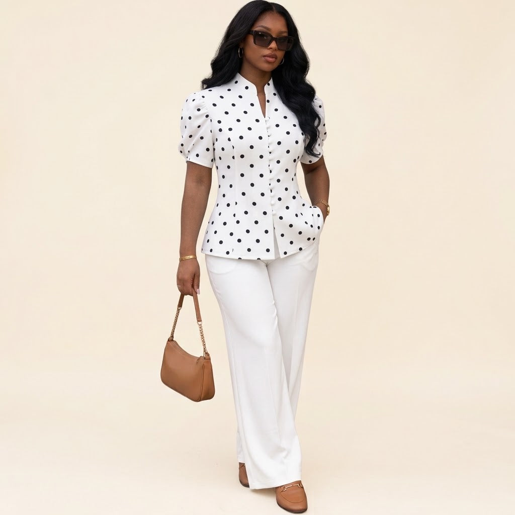 Polka Dot Puff-Sleeve 2-Piece Co-Ord Set