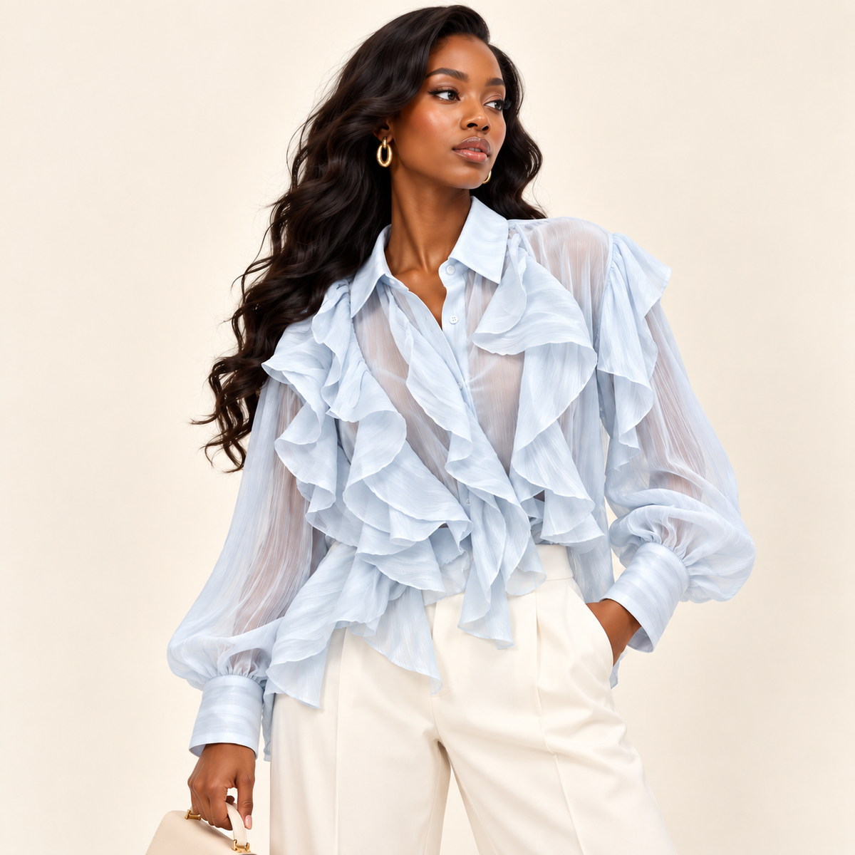 Pleated Ruffle-Front Textured Blouse