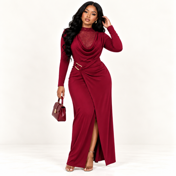Cowl-Neck Long-Sleeve Maxi Dress