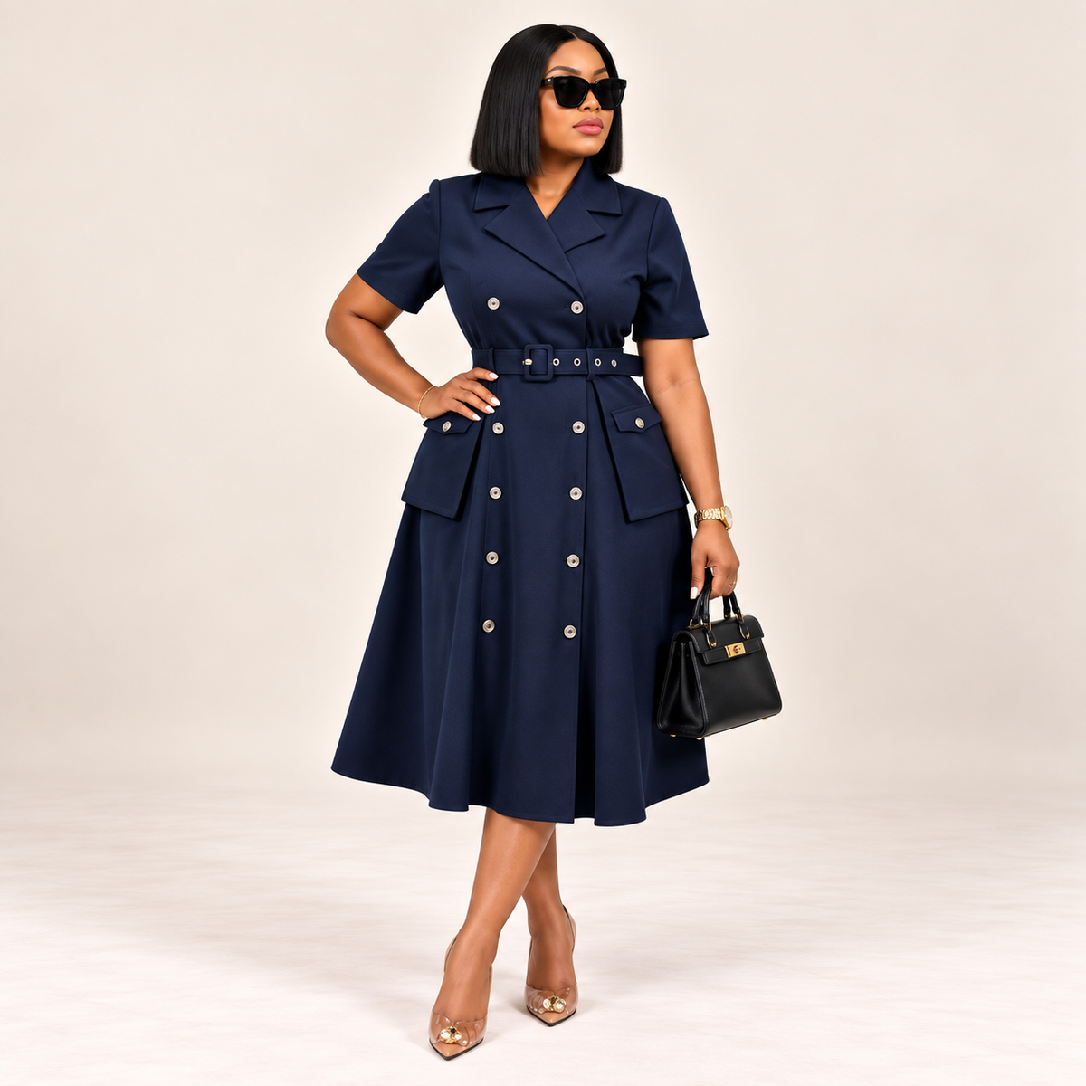 Belted Double-Breasted Utility Midi Dress