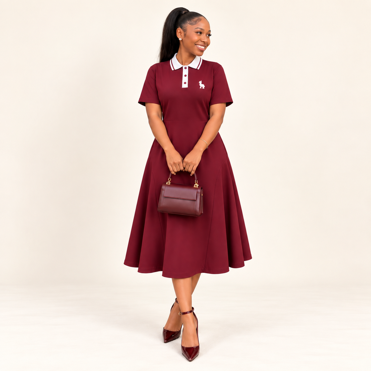 Burgundy Collared Polo Midi Dress