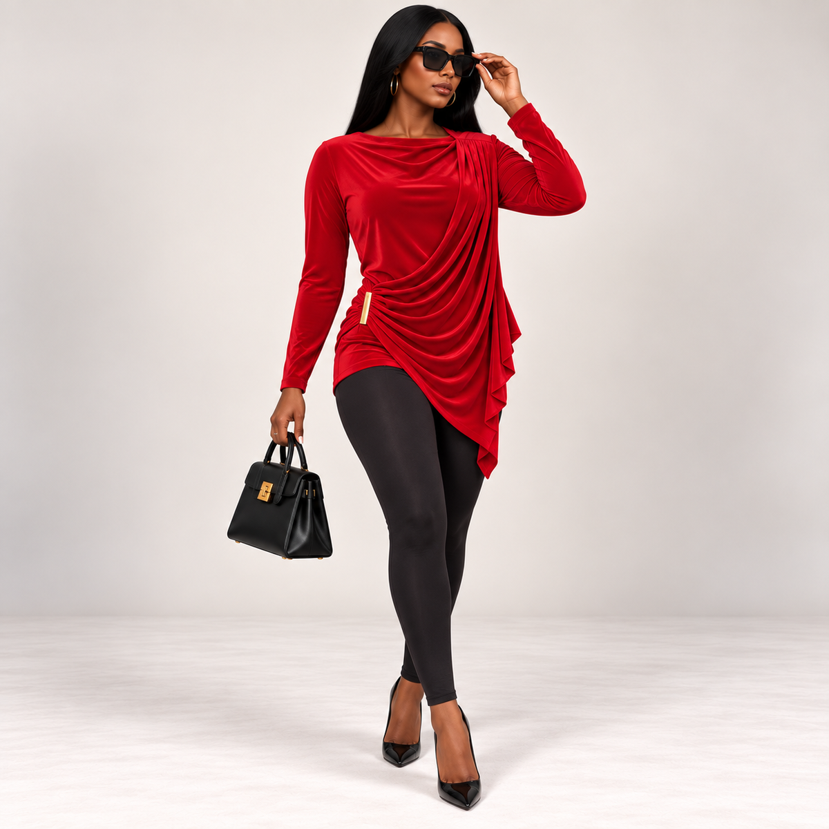 Draped Cowl-Neck Long-Sleeve Blouse