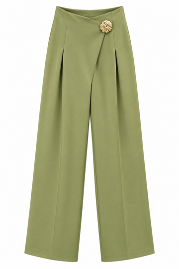 Elegant Front-Overlap Wide-Leg Trousers with Gold Accent Button