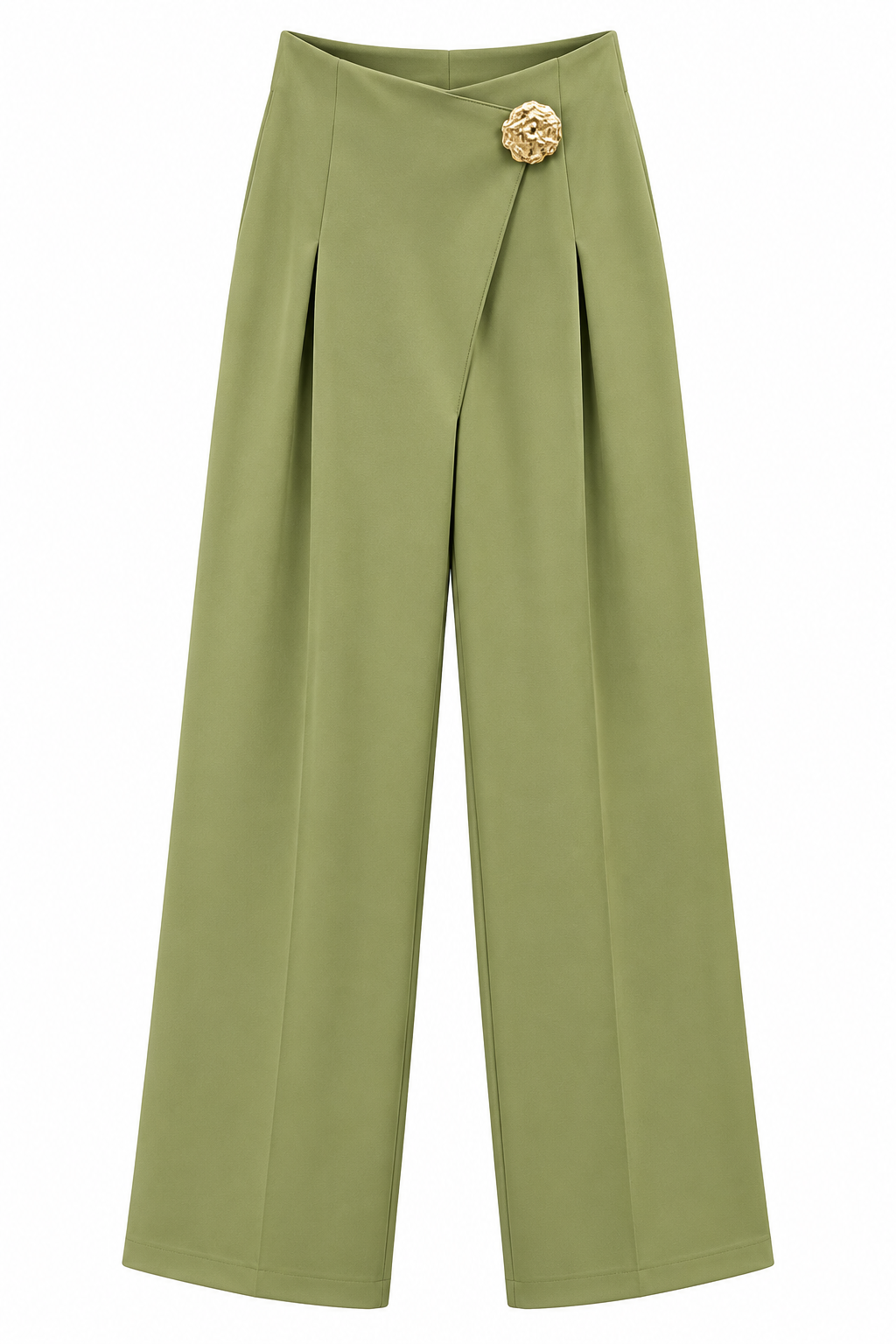 Elegant Front-Overlap Wide-Leg Trousers with Gold Accent Button