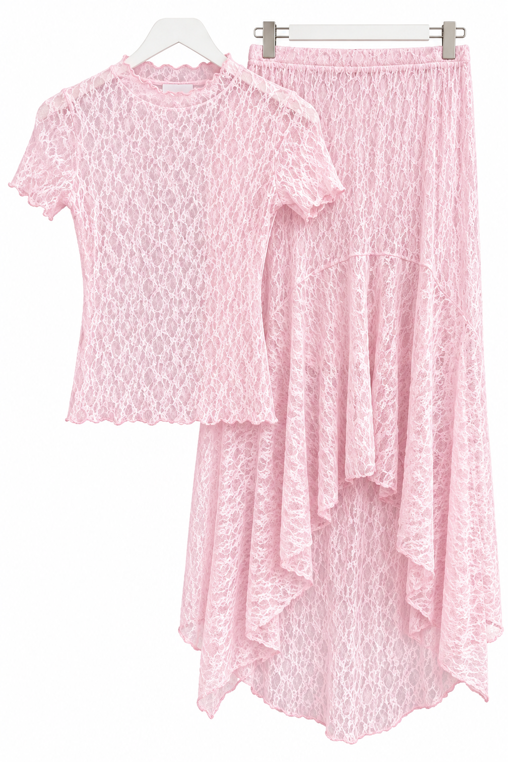Women’s Black Lace 2-Piece Set – Short Sleeve Top & Asymmetrical Maxi Skirt