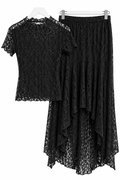 Women’s Black Lace 2-Piece Set – Short Sleeve Top & Asymmetrical Maxi Skirt