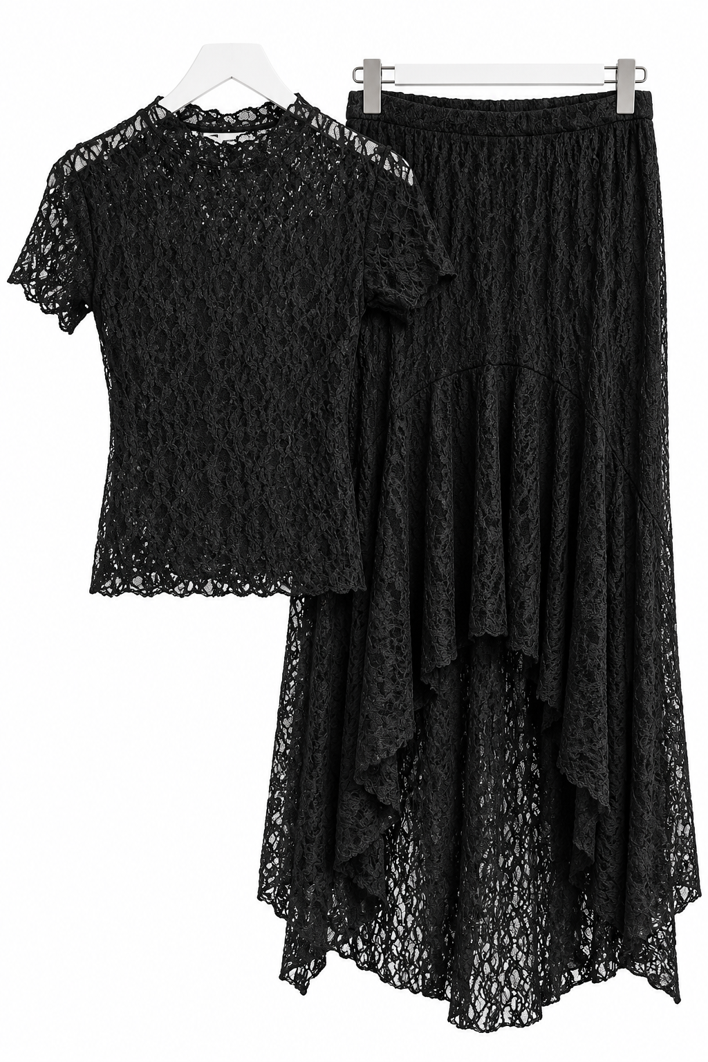 Women’s Black Lace 2-Piece Set – Short Sleeve Top & Asymmetrical Maxi Skirt