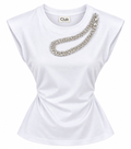 Women’s White Rhinestone Embellished T-Shirt – Stylish Casual Short Sleeve Top