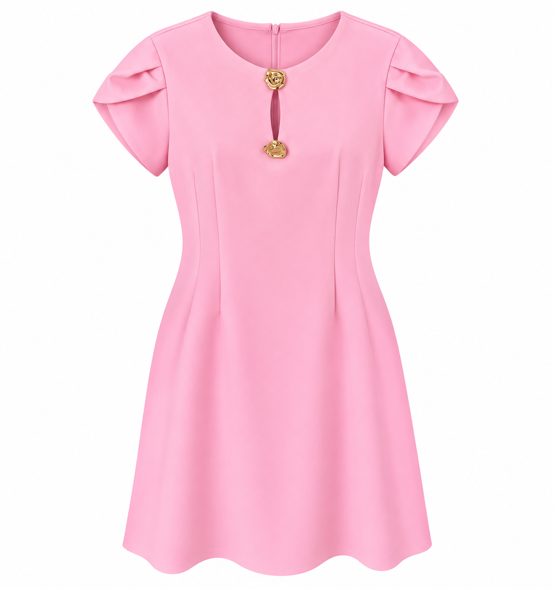 Women’s Black A-Line Dress with Gold Button Detail – Elegant Short Sleeve Dress