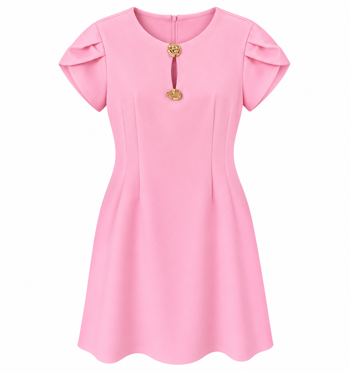 Women’s Black A-Line Dress with Gold Button Detail – Elegant Short Sleeve Dress