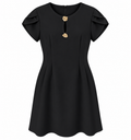 Women’s Black A-Line Dress with Gold Button Detail – Elegant Short Sleeve Dress