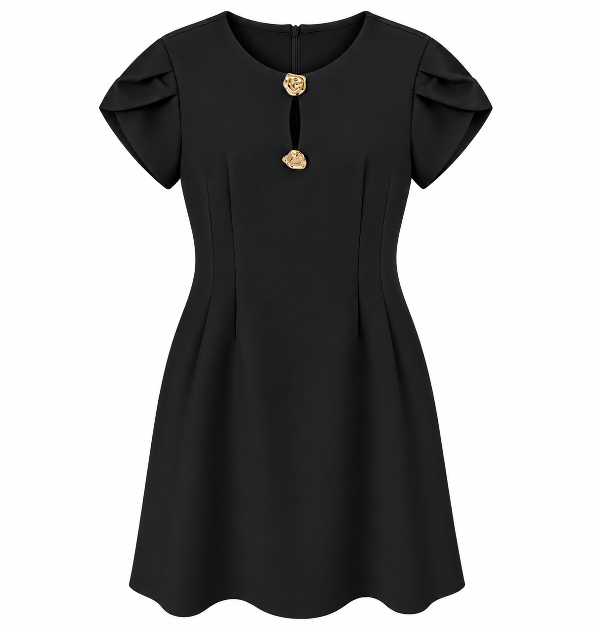 Women’s Black A-Line Dress with Gold Button Detail – Elegant Short Sleeve Dress