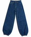 Women’s Rhinestone Embellished Blue Denim Jeans – Wide Leg Balloon Fit