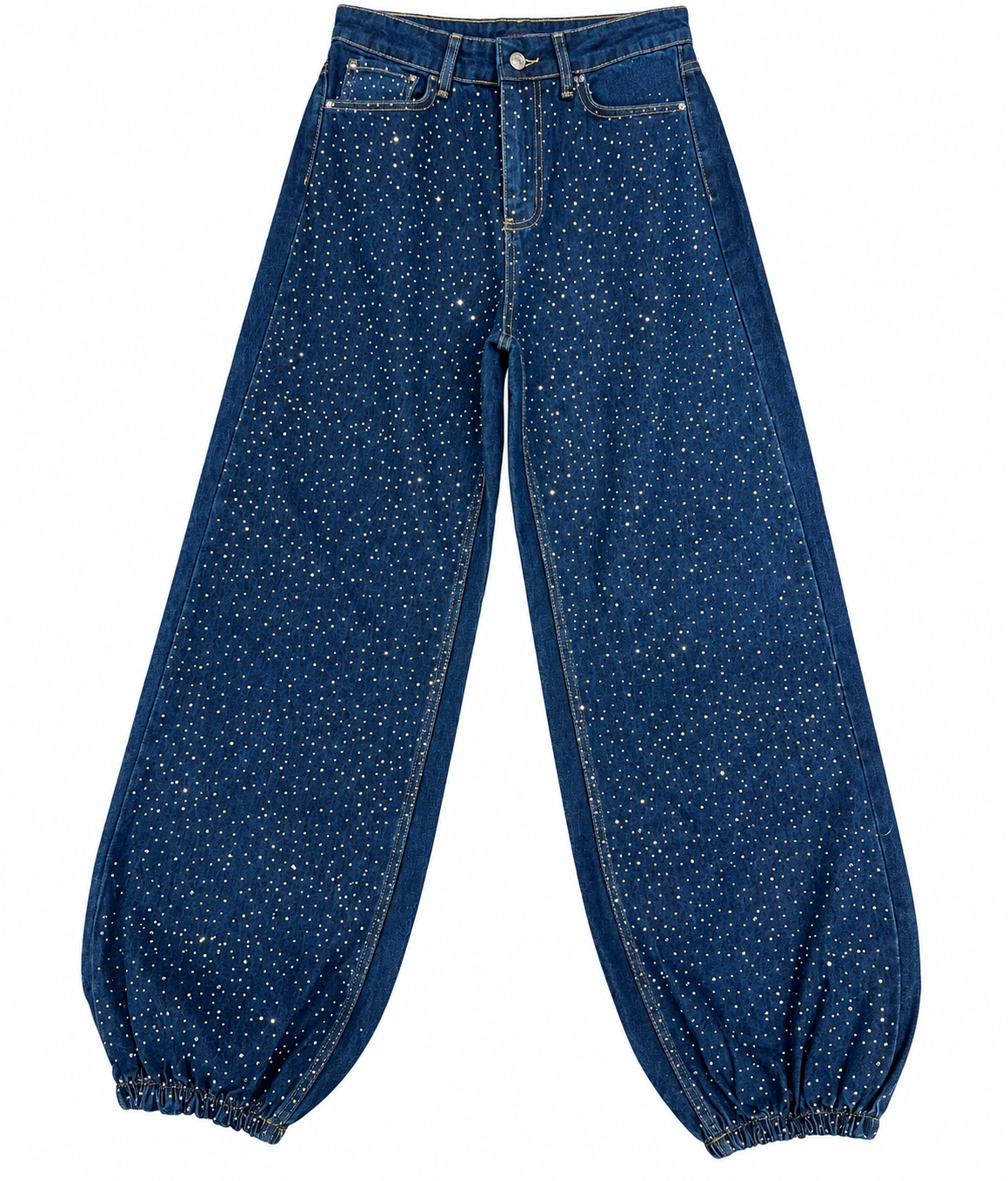 Women’s Rhinestone Embellished Blue Denim Jeans – Wide Leg Balloon Fit