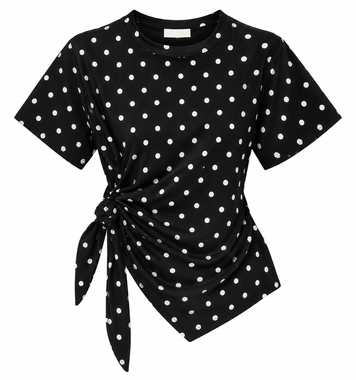 Women’s White Polka Dot T-Shirt – Short Sleeve Ruched Side Knot Top