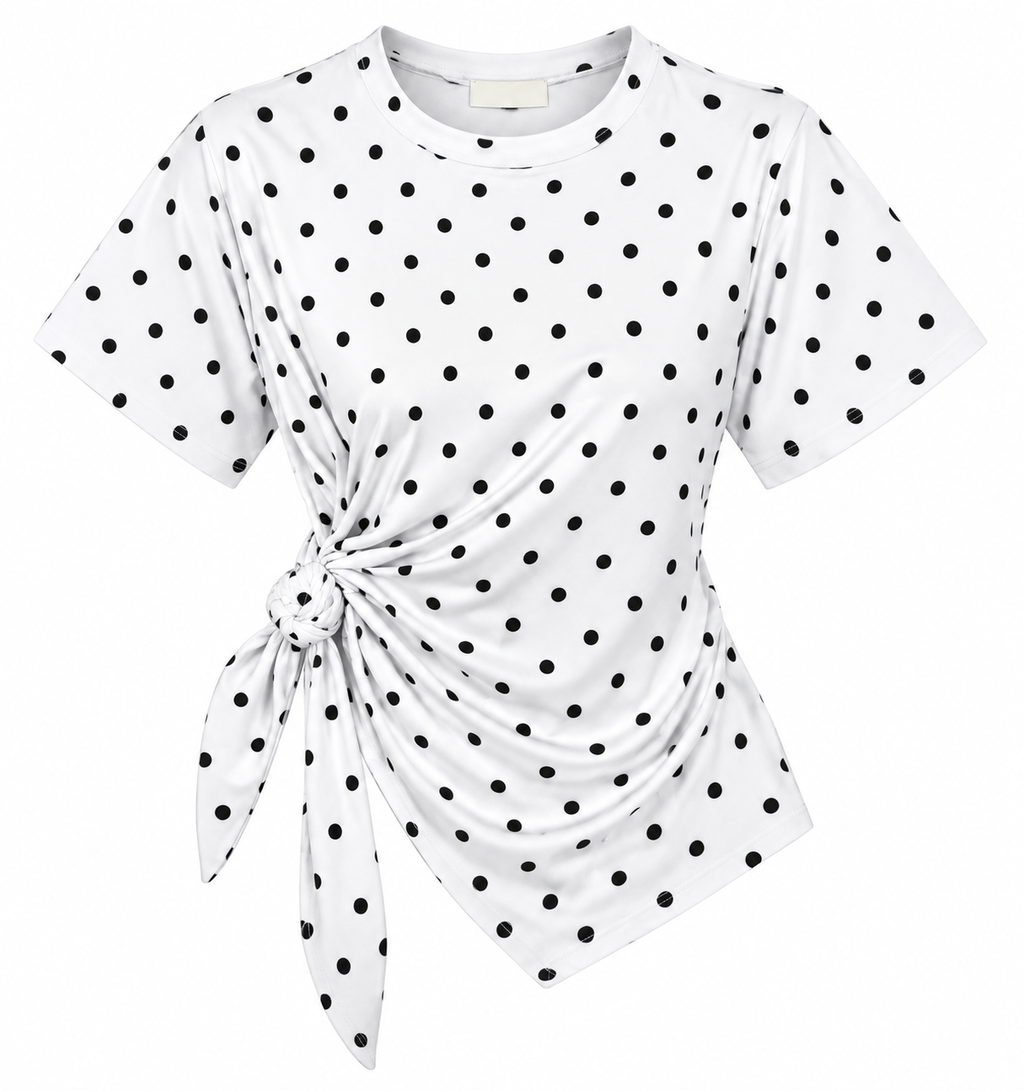 Women’s White Polka Dot T-Shirt – Short Sleeve Ruched Side Knot Top