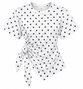 Women’s White Polka Dot T-Shirt – Short Sleeve Ruched Side Knot Top