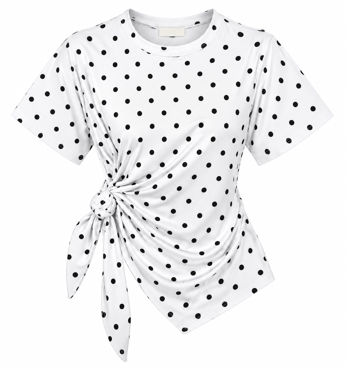 Women’s White Polka Dot T-Shirt – Short Sleeve Ruched Side Knot Top