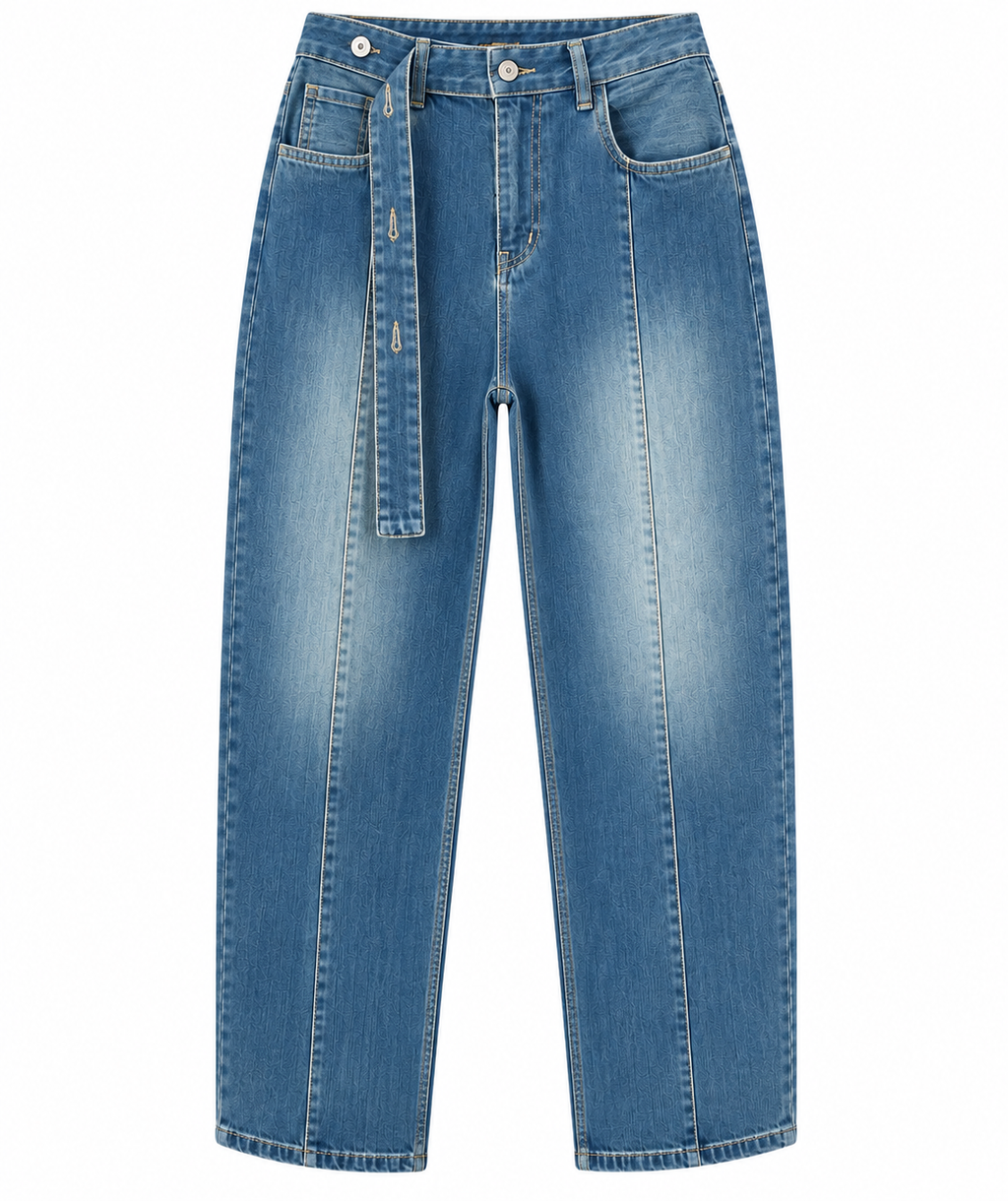 Women’s Light Blue Wide Leg Jeans with Front Strap & Pockets