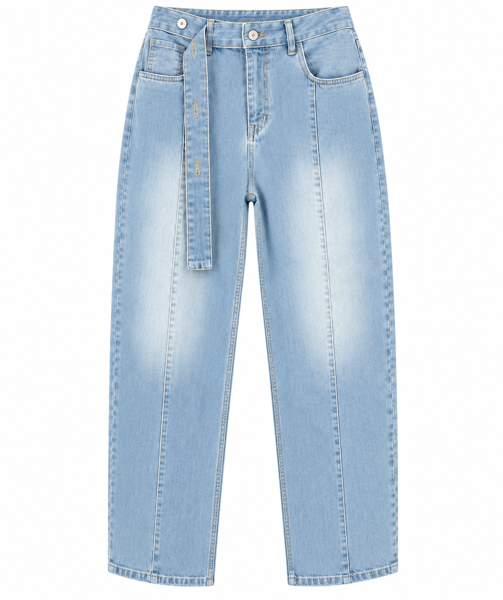 Women’s Light Blue Wide Leg Jeans with Front Strap & Pockets