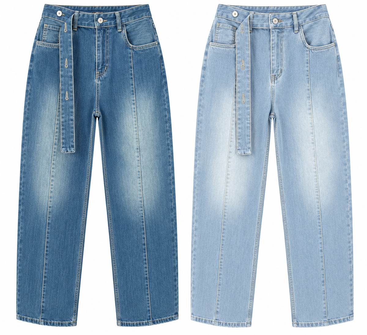Women’s Light Blue Wide Leg Jeans with Front Strap & Pockets