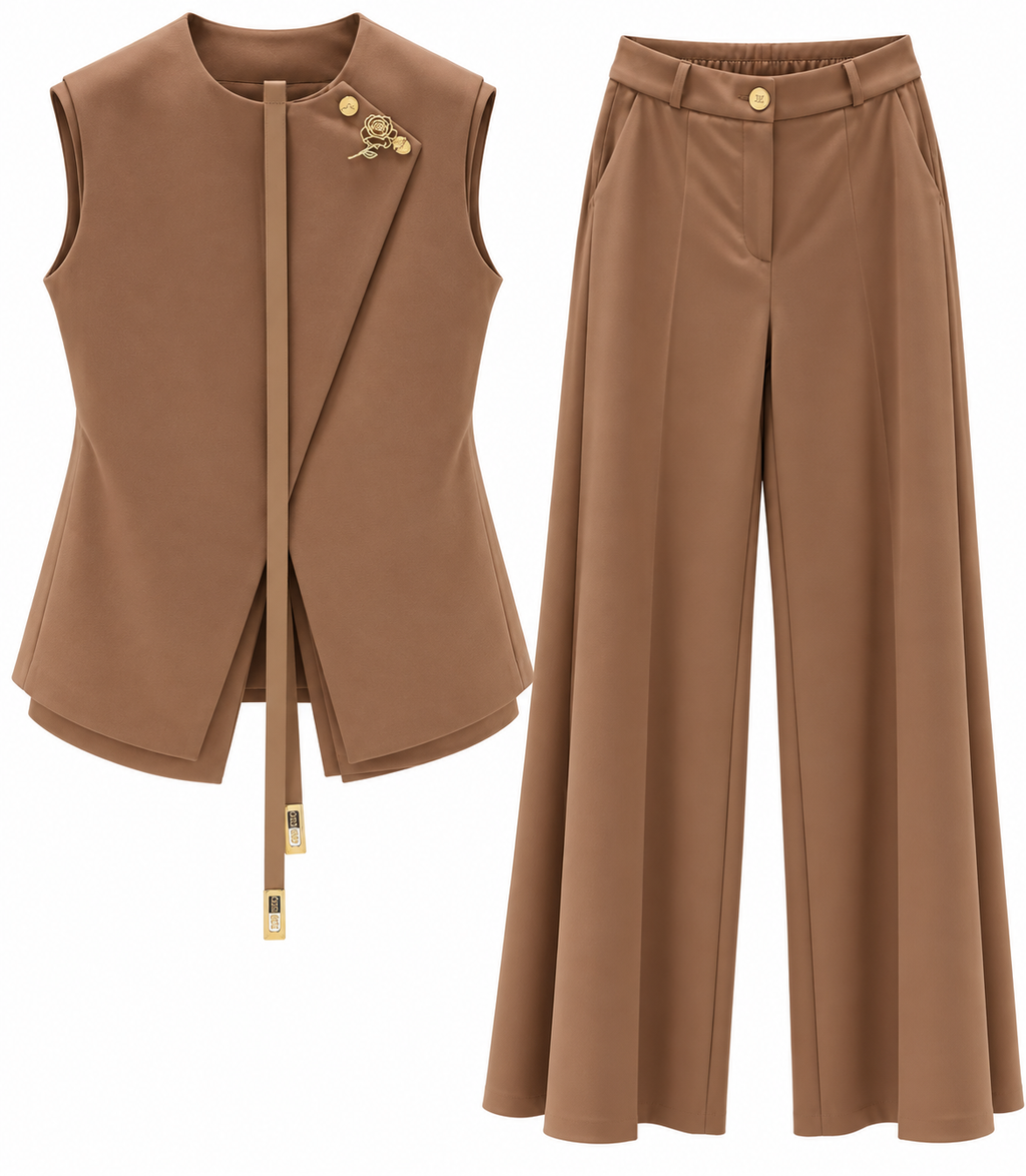 Women’s Sleeveless Asymmetrical Blazer &amp; Wide-Leg Pants Two-Piece Set