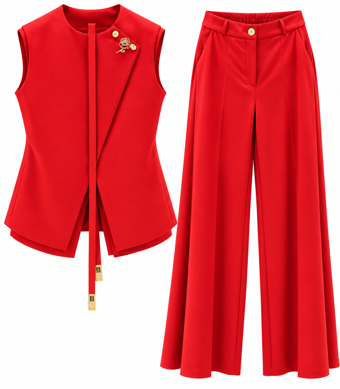 Women’s Sleeveless Asymmetrical Blazer &amp; Wide-Leg Pants Two-Piece Set