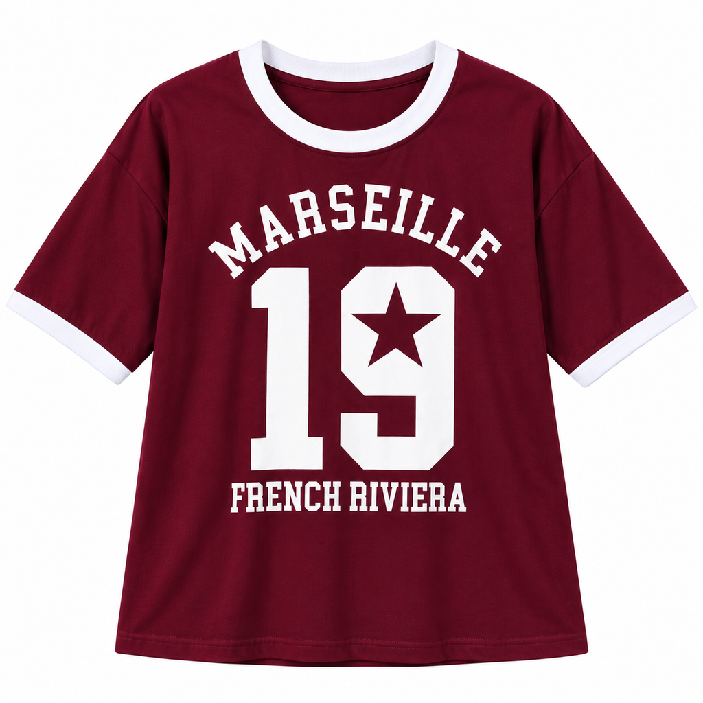 Women’s Burgundy Ringer T-Shirt – Marseille 19 Graphic Oversized Tee