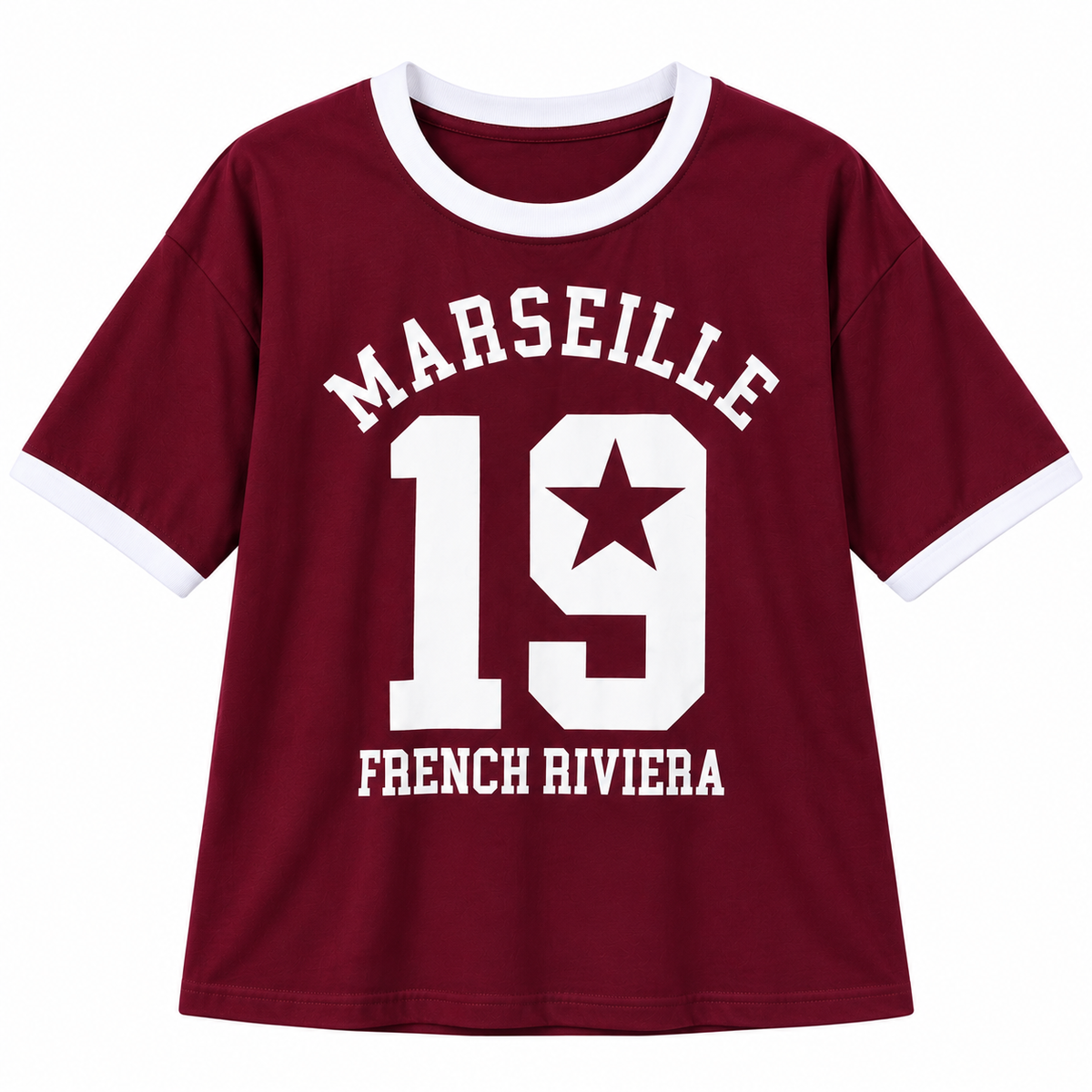 Women’s Burgundy Ringer T-Shirt – Marseille 19 Graphic Oversized Tee